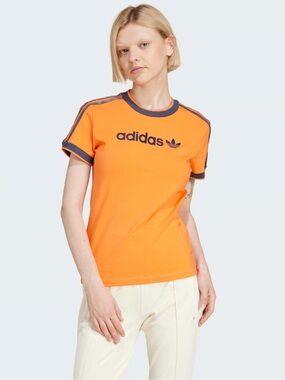 Adidas Originals Linear Logo 3-Stripes Ringer Tee Orange Women’s Large